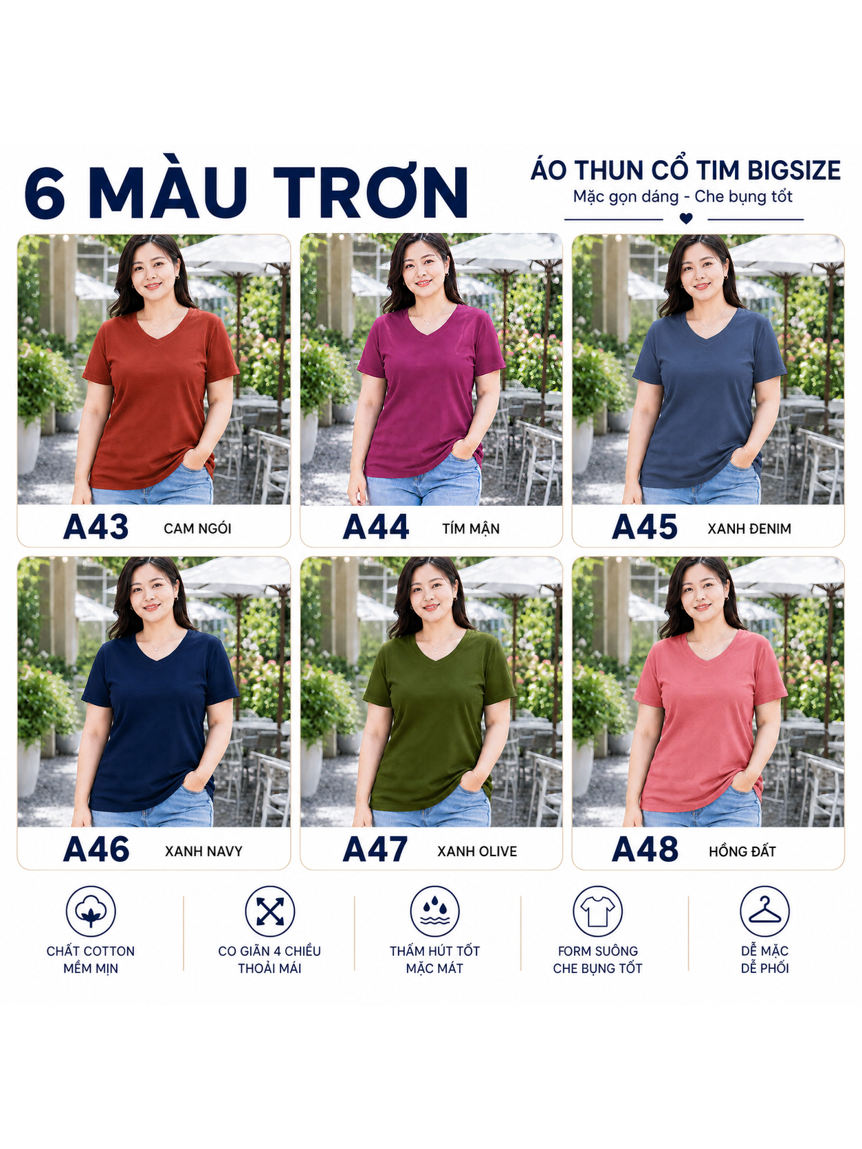 Áo thun nữ BIGSIZE cổ tim TOLI BSA40, Cotton 4 chiều co giãn, Form suông dễ mặc từ 59–85kg
