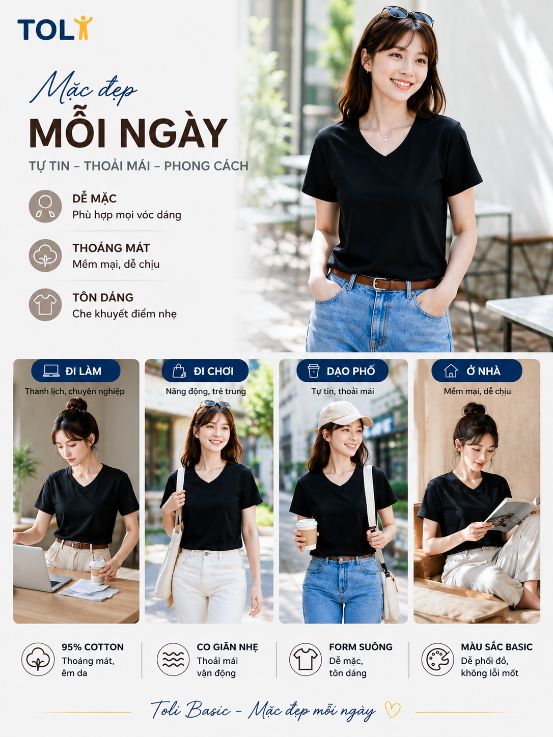Áo thun nữ cổ tim TOLI BSA41 – Cotton mềm, form suông gọn dáng, dễ phối mặc mỗi ngày