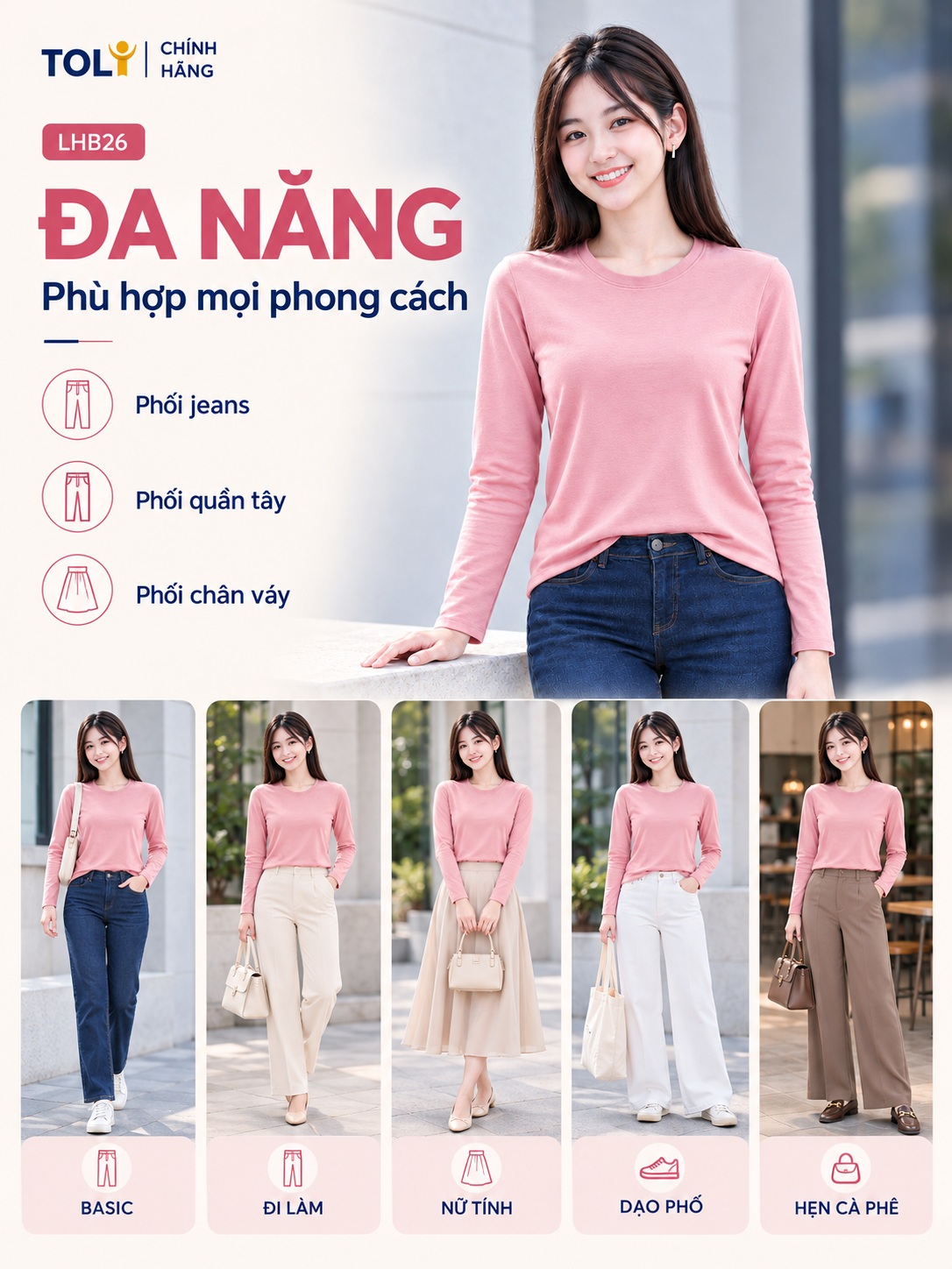 Áo Thun Tay Dài Nữ Cổ Tròn TOLI LHB39 – Cotton mềm, form suông gọn dáng, đa năng mặc mỗi ngày