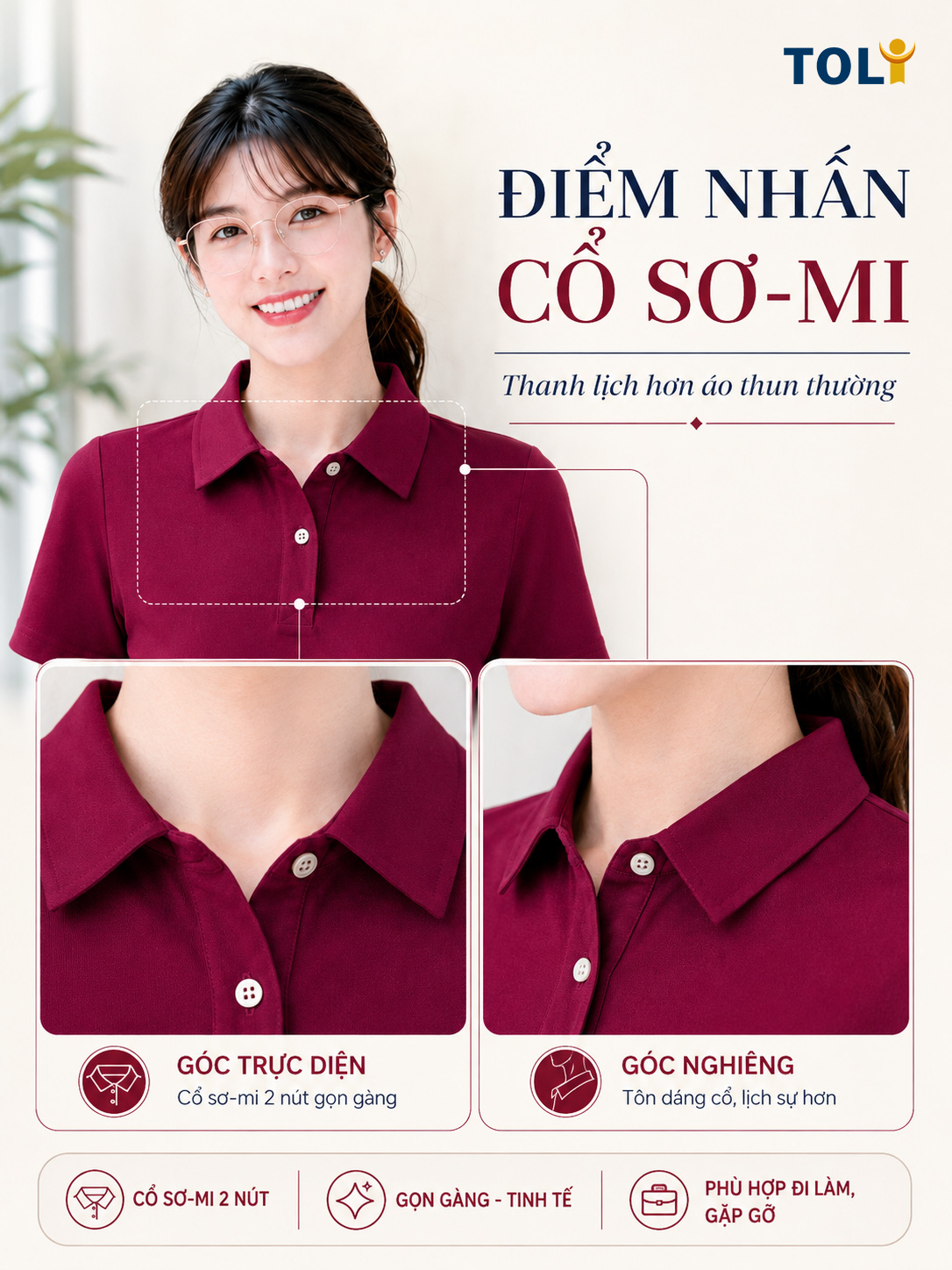 Áo polo nữ TOLI PLM28 – Cotton mềm, form suông thanh lịch, cổ sơ-mi gọn gàng, mặc đi làm & mỗi ngày