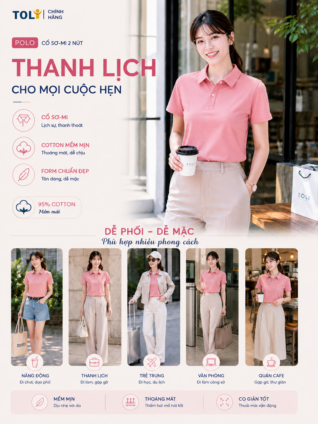 Áo polo nữ TOLI PLM40 – Cotton mềm, form suông thanh lịch, cổ sơ-mi gọn gàng, mặc đi làm & mỗi ngày