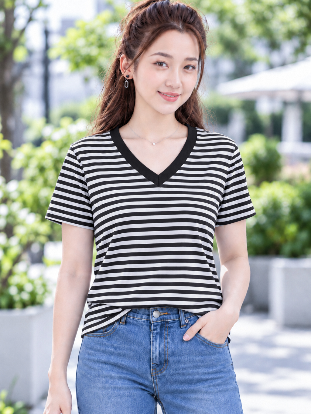 Áo thun nữ BIGSIZE cổ V sọc ngang TOLI BSV18 – Cotton co giãn 4 chiều, form suông dễ mặc từ 59–85kg