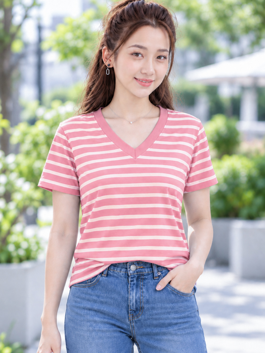 Áo thun nữ BIGSIZE cổ V sọc ngang TOLI BSV32 – Cotton co giãn 4 chiều, form suông dễ mặc từ 59–85kg