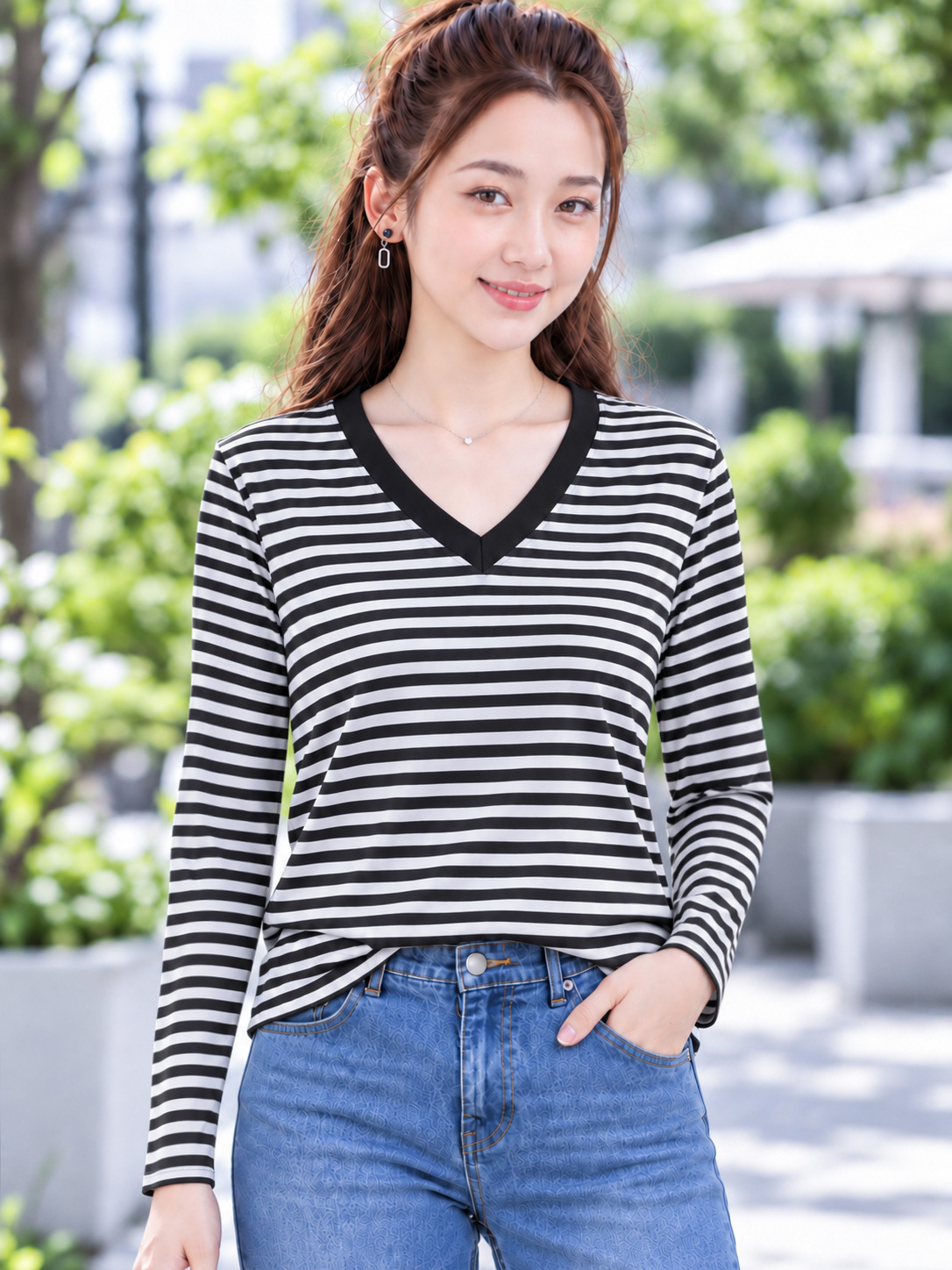 Áo thun nữ tay dài cổ V TOLI LHV32 – Form vừa dáng, Sọc ngang, Vải cotton co giãn 4 chiều mềm mịn