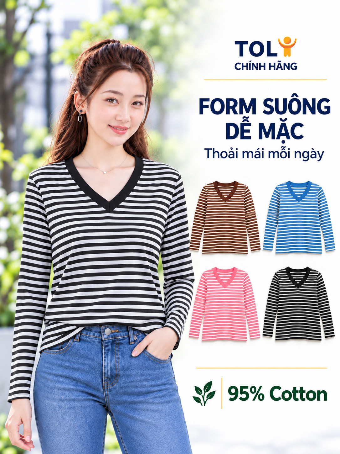 Áo thun nữ tay dài cổ V TOLI LHV15 – Form vừa dáng, Sọc ngang, Vải cotton co giãn 4 chiều mềm mịn