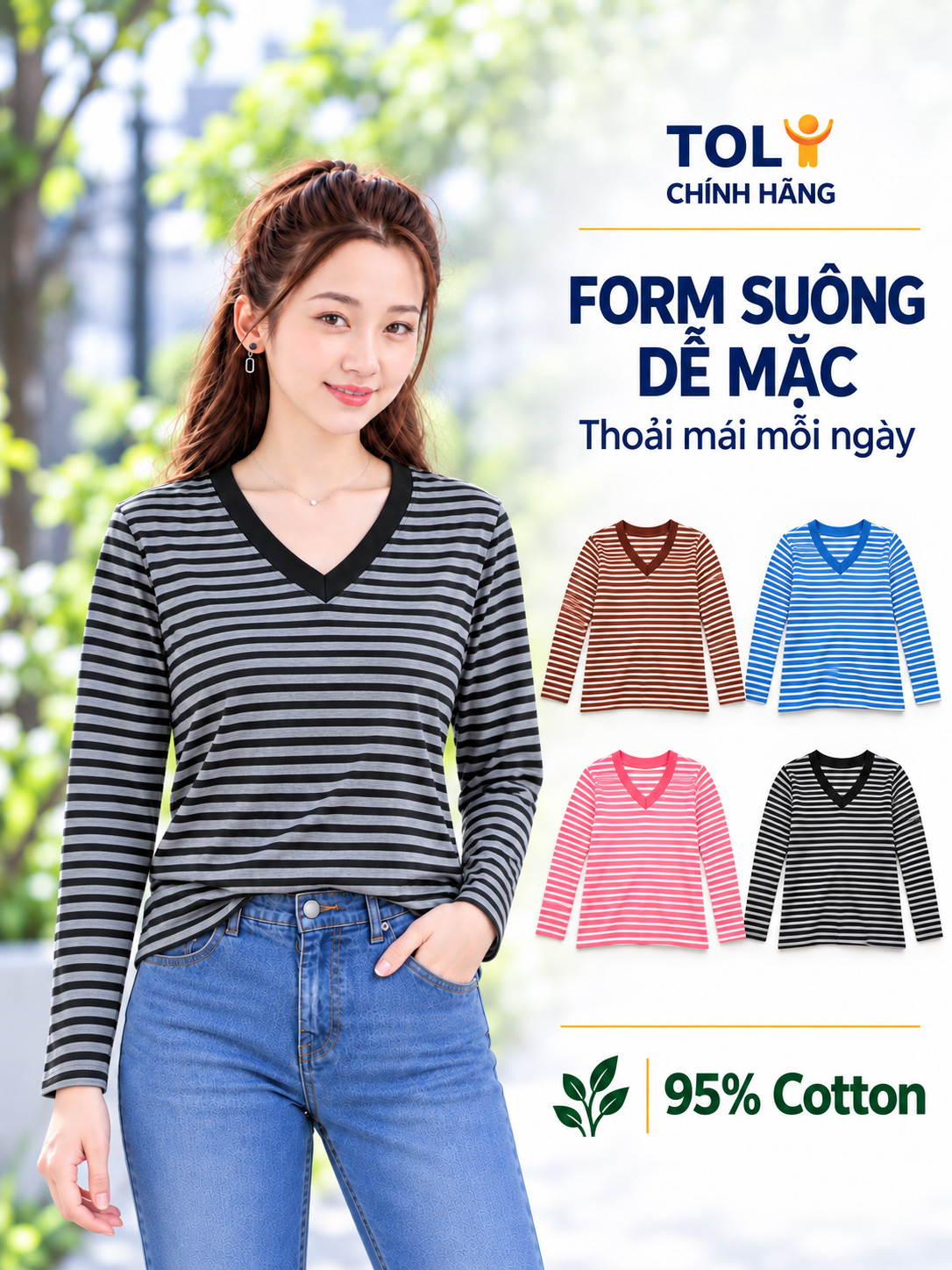 Áo thun nữ tay dài cổ V TOLI LHV33 – Form vừa dáng, Sọc ngang, Vải cotton co giãn 4 chiều mềm mịn