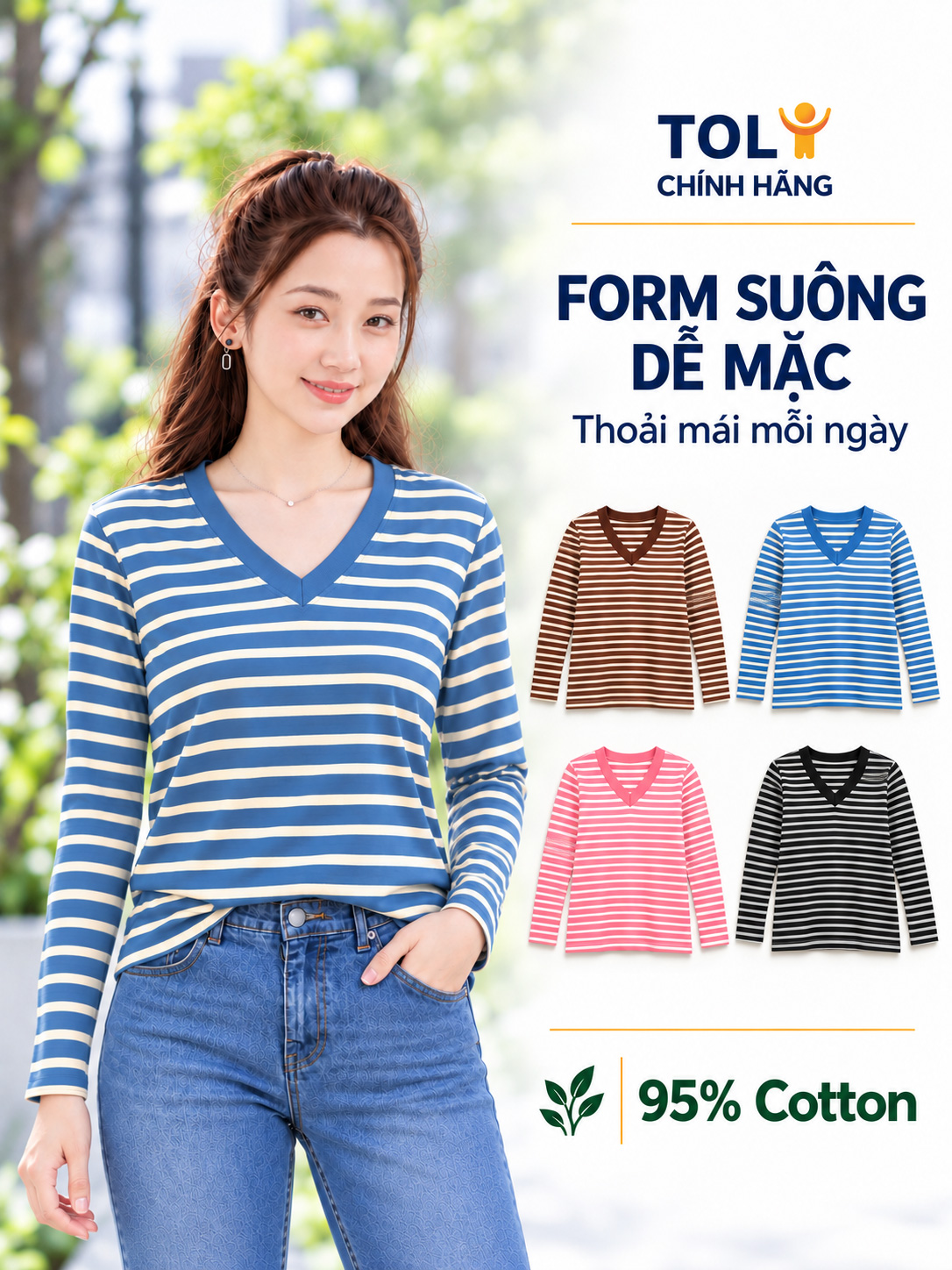 Áo thun nữ tay dài cổ V TOLI LHV32 – Form vừa dáng, Sọc ngang, Vải cotton co giãn 4 chiều mềm mịn