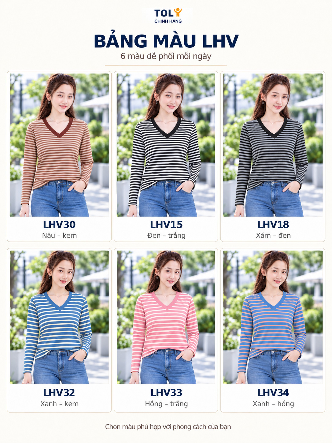 Áo thun nữ tay dài cổ V TOLI LHV18 – Form vừa dáng, Sọc ngang, Vải cotton co giãn 4 chiều mềm mịn