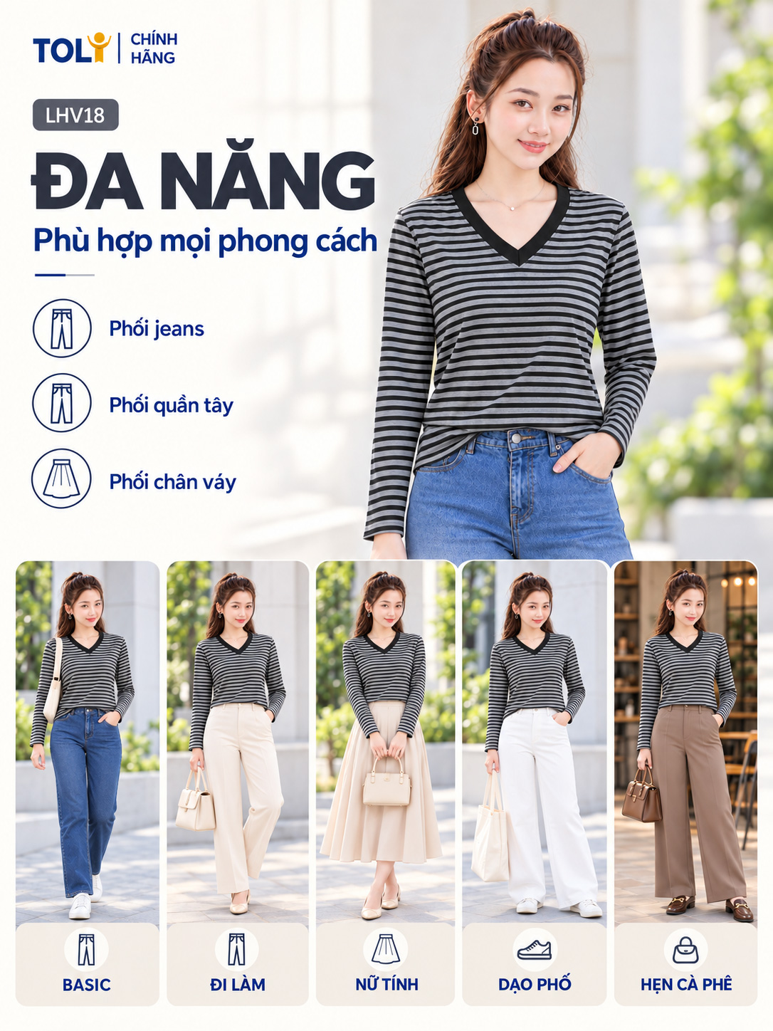 Áo thun nữ tay dài cổ V TOLI LHV30 – Form vừa dáng, Sọc ngang, Vải cotton co giãn 4 chiều mềm mịn
