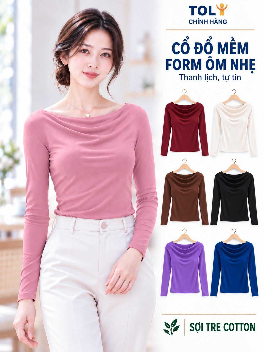 Áo thun nữ tay dài cổ đổ TOLI LHD26 – Thanh lịch để bạn tự tin hơn trong mỗi ánh nhìn