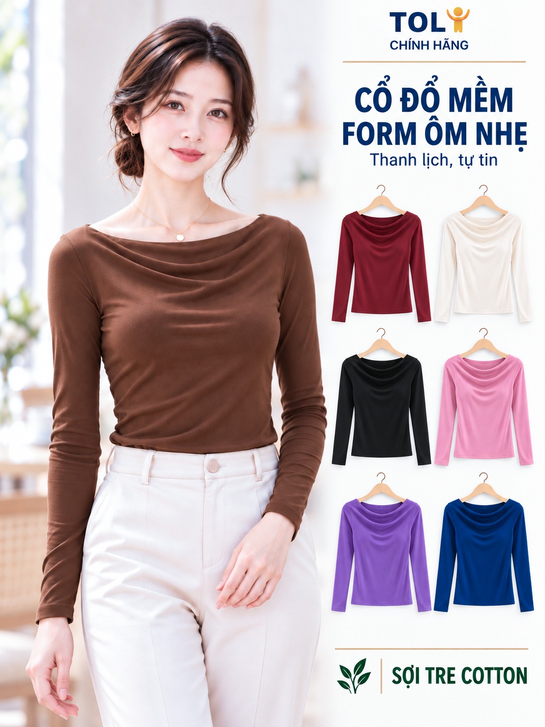 Áo thun nữ tay dài cổ đổ TOLI LHD40 – Thanh lịch để bạn tự tin hơn trong mỗi ánh nhìn