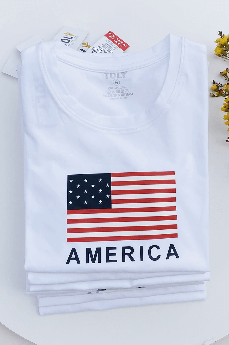 Áo thun nữ tay ngắn-Cổ Tròn-Trắng-In American-PSB10-01