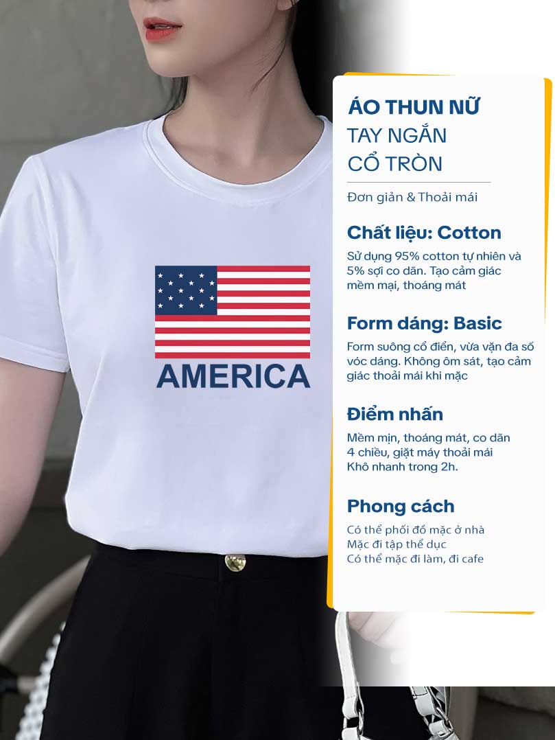 Áo thun nữ tay ngắn-Cổ Tròn-Trắng-In American-PSB10-01