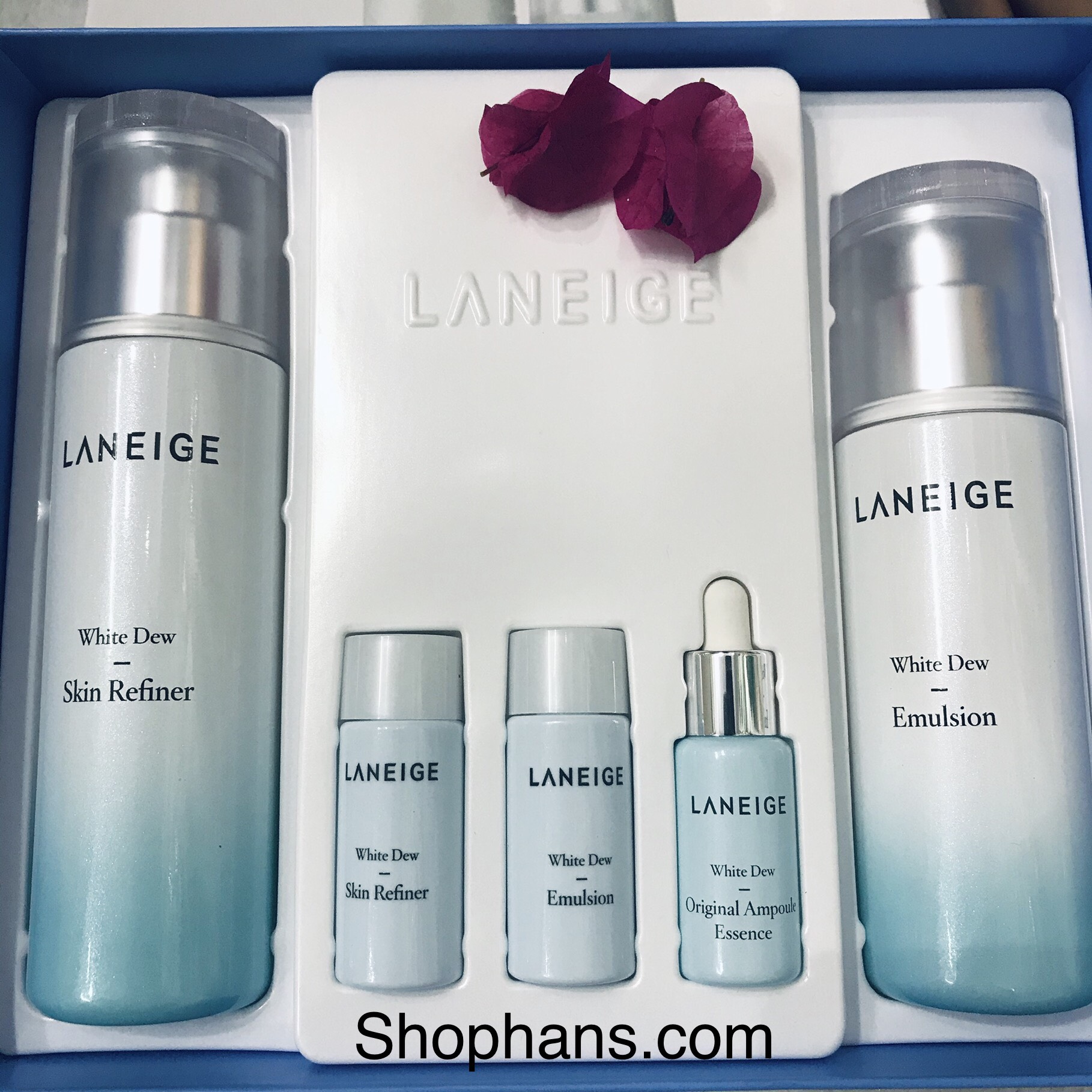 Bộ set hoa hồng và tinh chất dưỡng trắng da Laneige White Dew 5 món