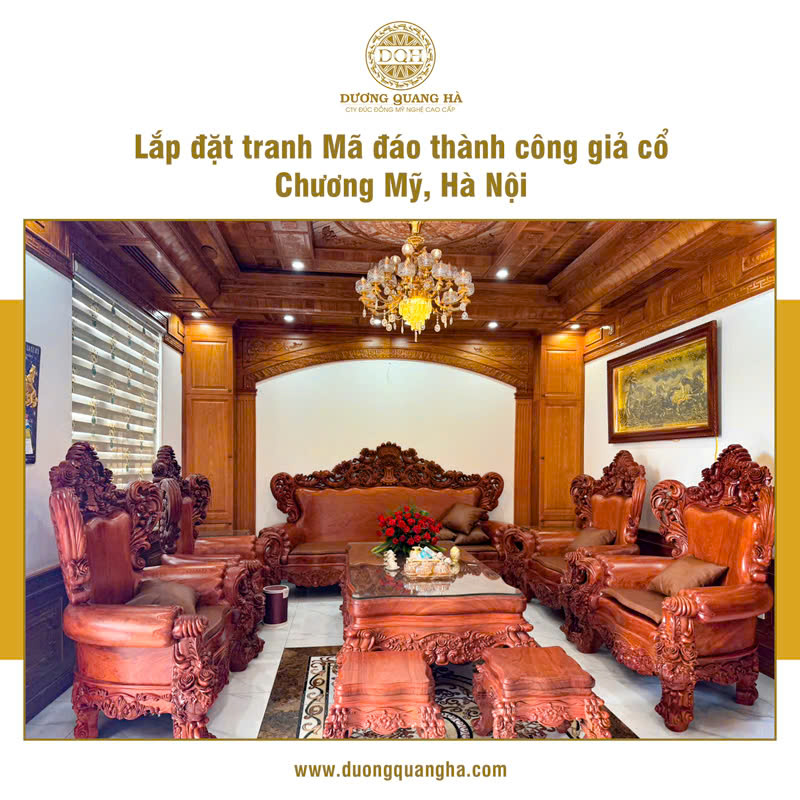 LẮP ĐẶT TRANH MÃ ĐÁO THÀNH CÔNG GIẢ CỔ 1M7 x 90CM TẠI CHƯƠNG MỸ - HÀ NỘI