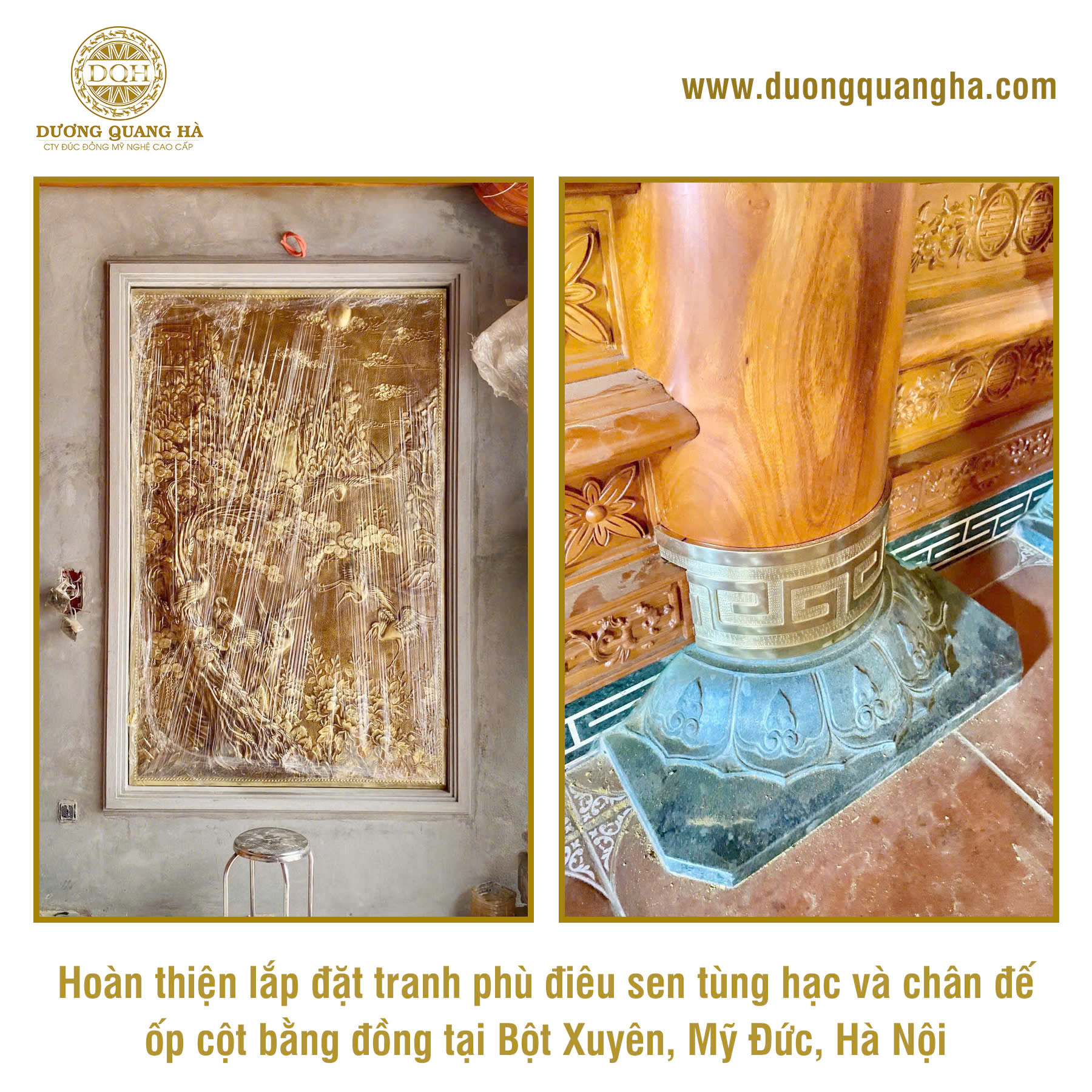HOÀN THIỆN CÔNG TRÌNH LẮP ĐẶT TRANH PHÙ ĐIÊU SEN TÙNG HẠC VÀ CHÂN ĐẾ CỘT TẠI NHÀ THỜ HỌ Ở MỸ ĐỨC, HÀ NỘI