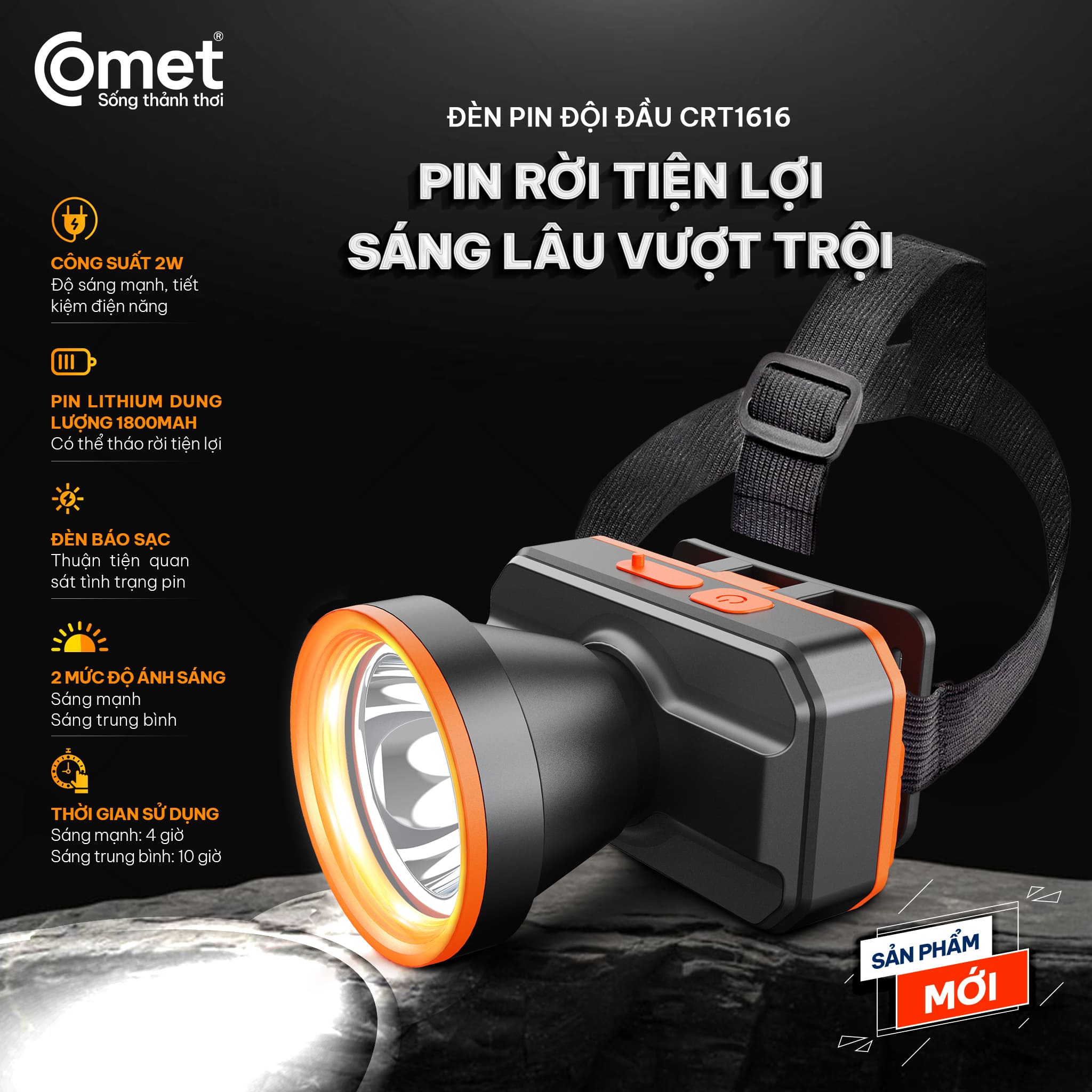 ĐÈN PIN ĐỘI ĐẦU LED COMET CRT1616