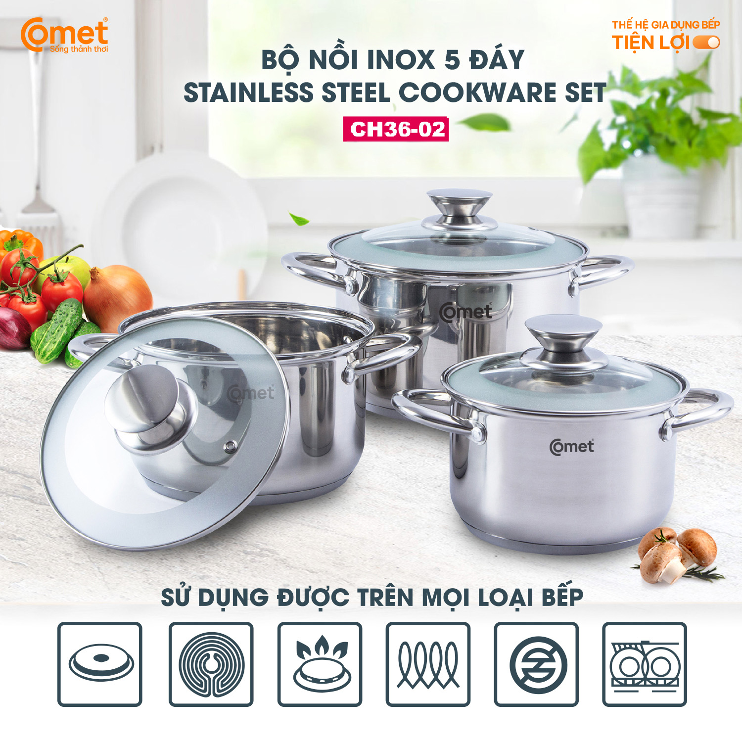 BỘ 3 NỒI INOX 5 ĐÁY CH36-02
