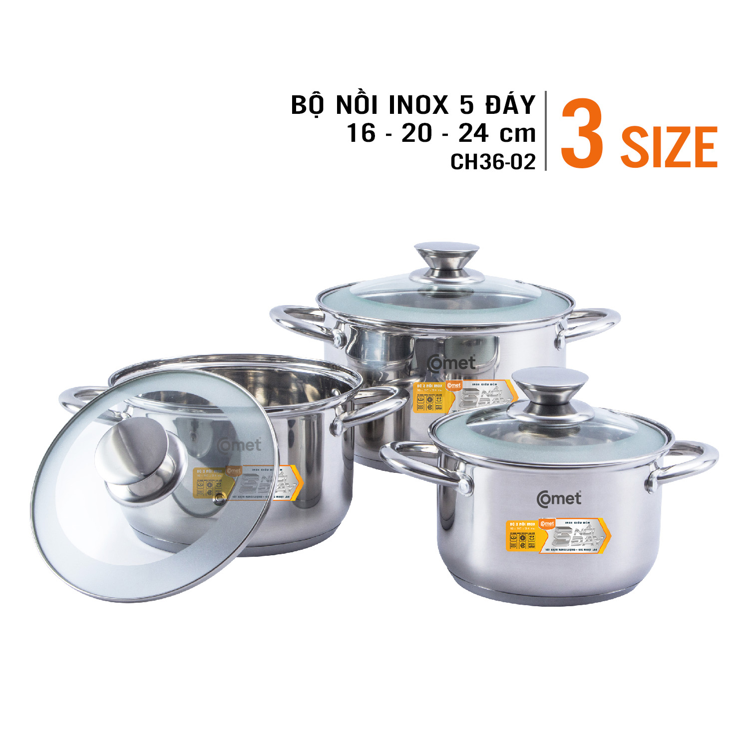 BỘ 3 NỒI INOX 5 ĐÁY CH36-02