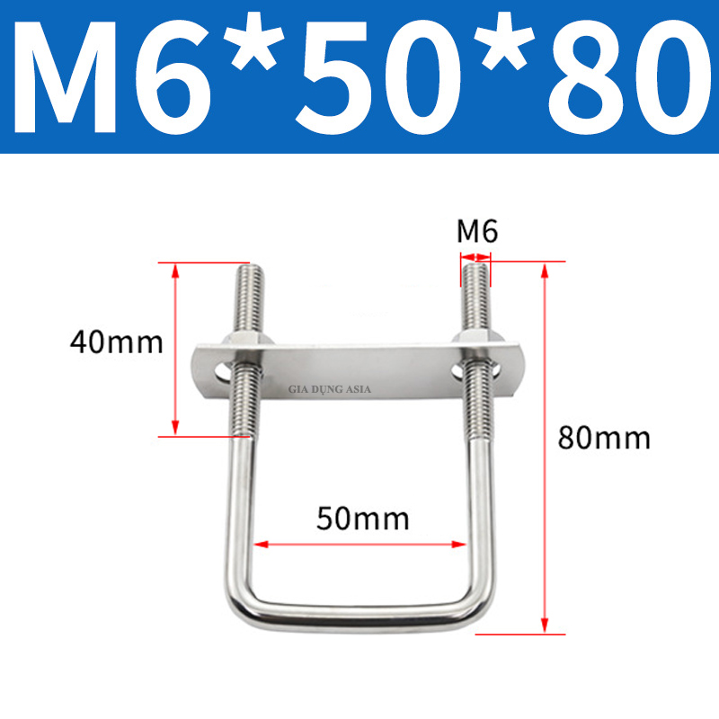 Kẹp chữ U Inox 304 – Bộ U-bolt 304 hình vuông bắt ống, khung thép, trụ cột