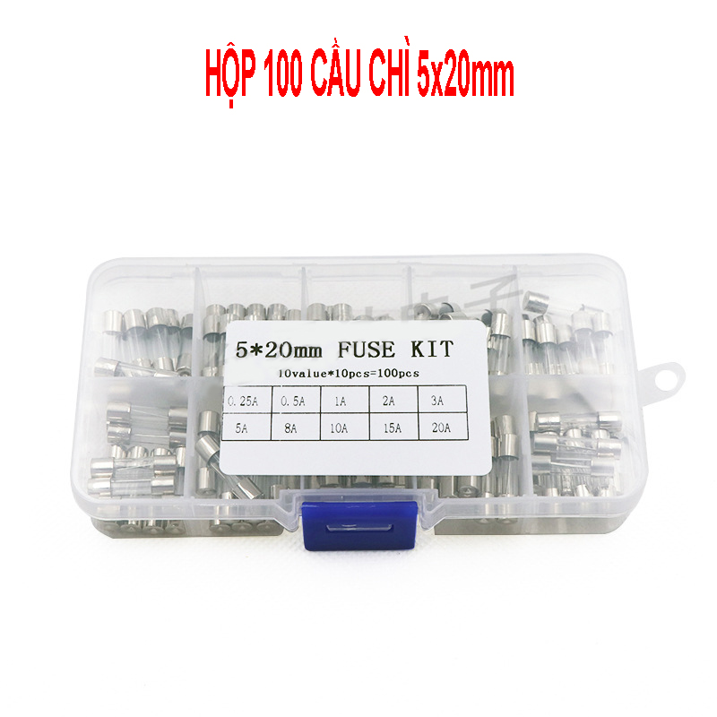 Hộp 100 cầu chì ỐNG THỦY TINH 5*20MM có 10 loại 0.25A 0.5A 1A 2A 3A 5A 8A 10A 15A 20A (5x20mm)