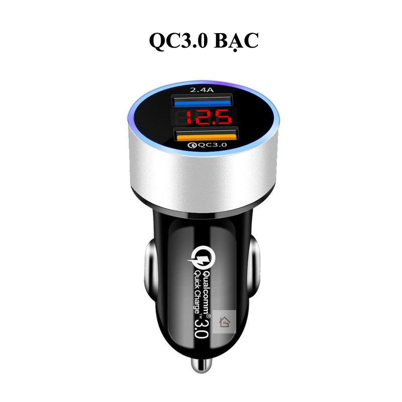 Tẩu đực sạc điện thoại trên ô tô chuyển 12-24V thành 5V với 2 cổng USB có đồng hồ đo vôn
