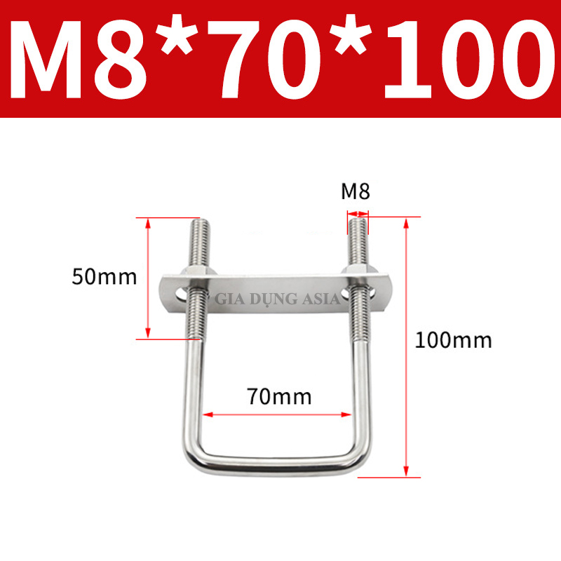 Kẹp chữ U Inox 304 – Bộ U-bolt 304 hình vuông bắt ống, khung thép, trụ cột