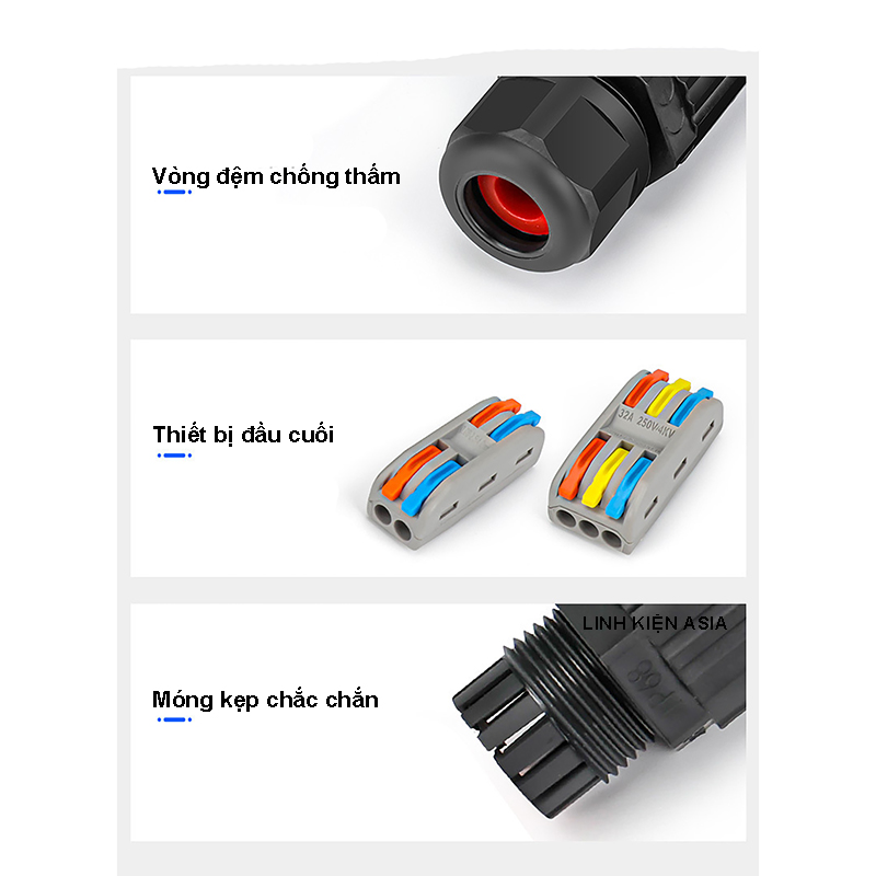 Đầu nối chống nước dây điện 220V, nối dây cáp tròn phi 8-12mm chống nước sử dụng ngoài trời