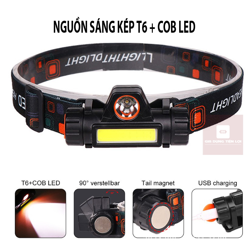 Đèn pin đội đầu siêu sáng 101 pha xa và gần (kèm pin và dây sạc USB)