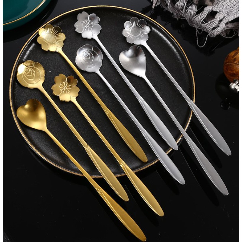 Bộ 4 thìa cà phê Inox cán dài 18cm inox hình bông hoa phong cách Nhật Bản