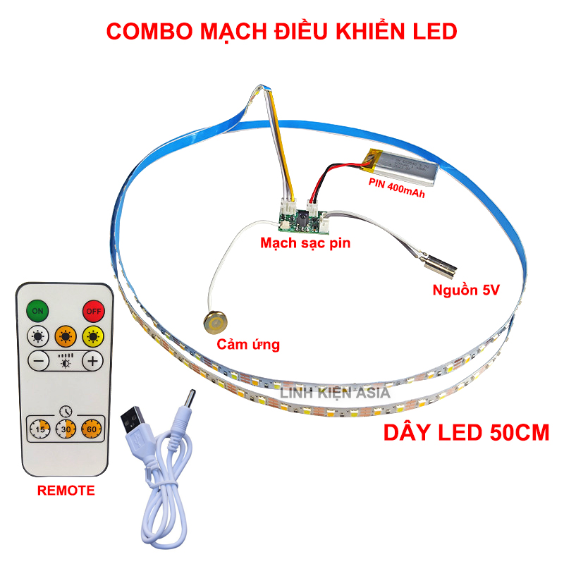 Combo mạch điều khiển led có pin 400mah + dây led 2 màu dài 50cm (7 chi tiết)