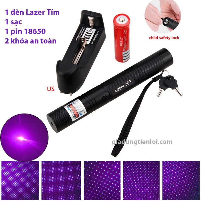 Combo đèn chiếu tia laser 303 (đèn + sạc + pin 4800mAh) - bút lazer tia sáng xanh-đỏ-tím
