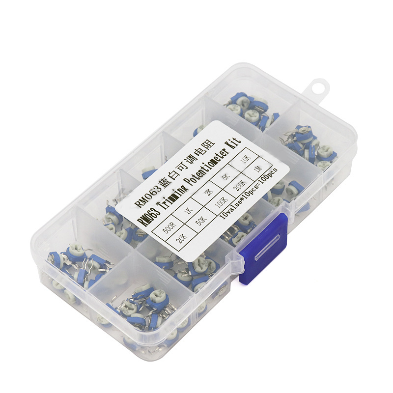 Hộp 100 BIẾN TRỞ điều chỉnh màu xanh trắng 6MM, 10 thông số kỹ thuật RM063