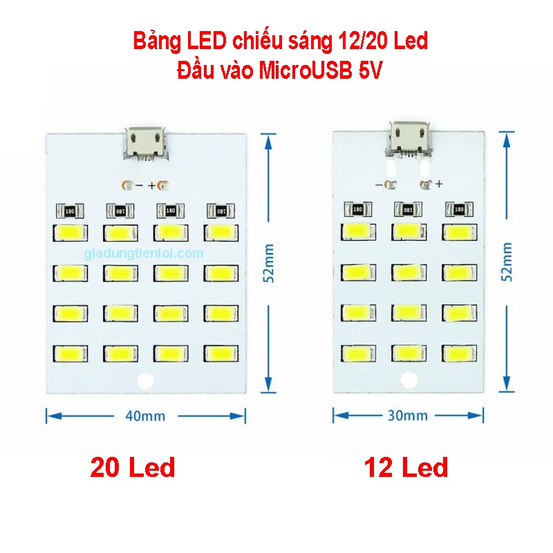 Bảng LED chiếu sáng 12/20 Led đầu vào MicroUSB 5V