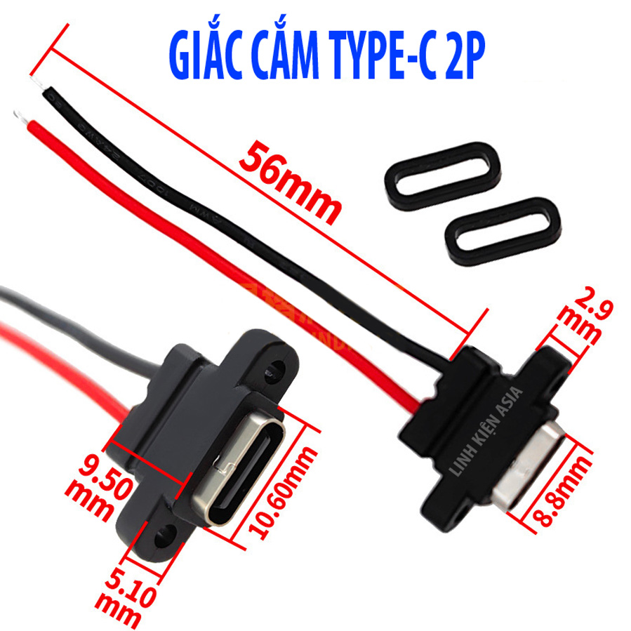 Giắc cắm TypeC 2P chống nước có dây dài 56mm có tai cố định
