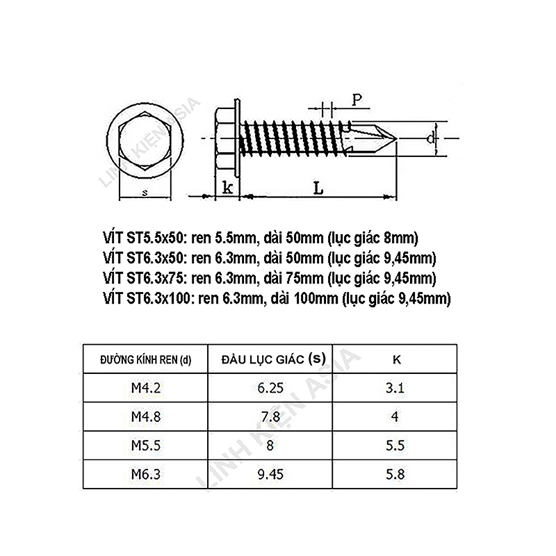 Combo 10 vít khoan lục giác ngoài ST5.5 ST6.3 có ron cao su chống thấm nước
