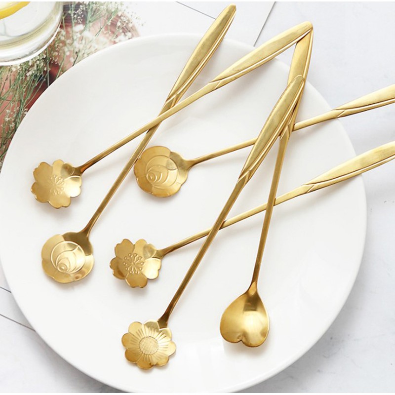 Bộ 4 thìa cà phê Inox cán dài 18cm inox hình bông hoa phong cách Nhật Bản