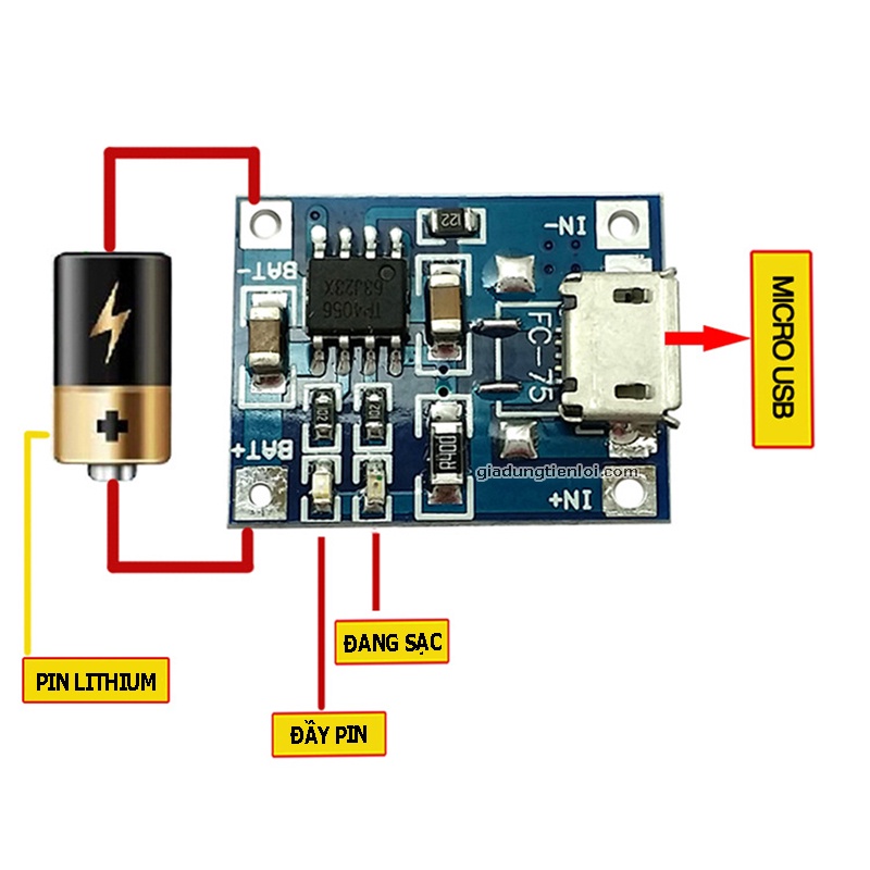 Mạch Sạc Pin Lithium - Li-ion - 18650 TP4056 cổng MicroUSB