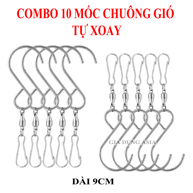 Combo 10 móc treo chuông gió thép không gỉ tự xoay, móc treo trang trí ngoài trời