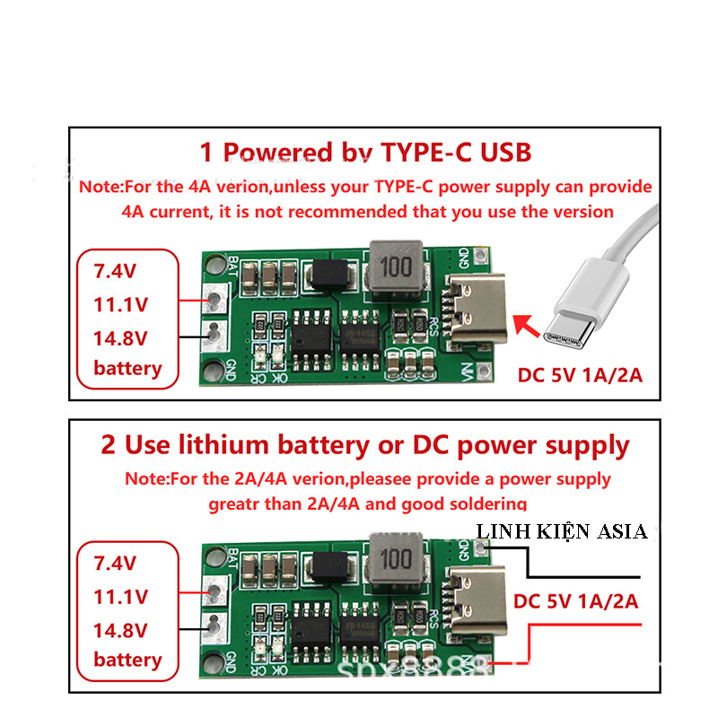 Mạch sạc tăng áp sạc pin lithium 2S (8.4V) 3S (12.6V) 4S (16.8V) đầu vào cổng TypeC 5V