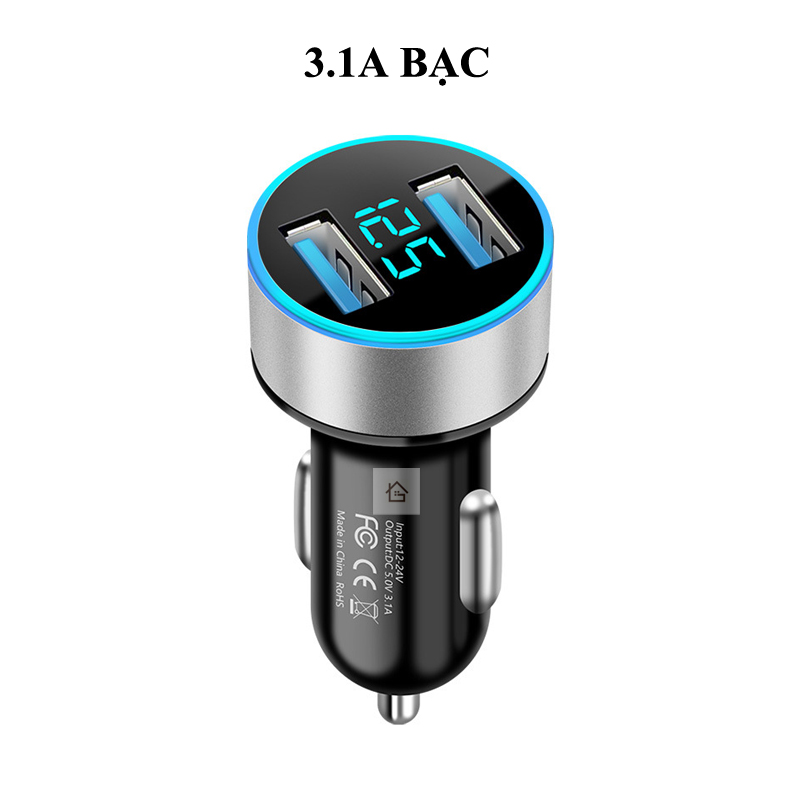 Tẩu đực sạc điện thoại trên ô tô chuyển 12-24V thành 5V với 2 cổng USB có đồng hồ đo vôn