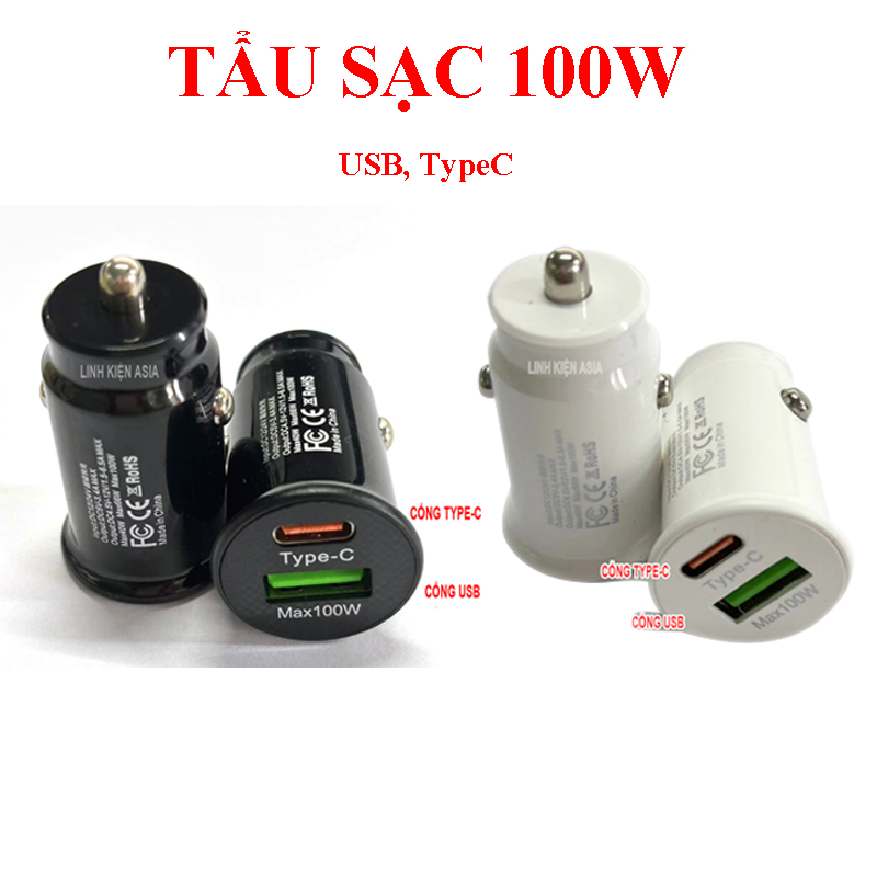 Tẩu sạc nhanh 100W cổng USB và PD (TypeC) dùng cho xe hơi, tẩu sạc mini nhỏ gọn