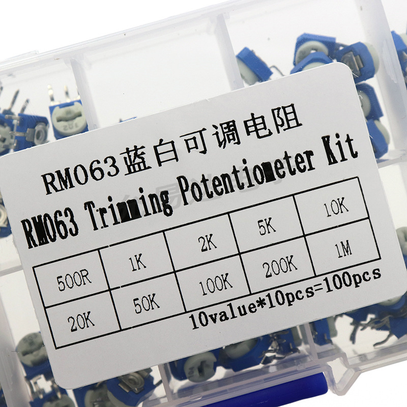 Hộp 100 BIẾN TRỞ điều chỉnh màu xanh trắng 6MM, 10 thông số kỹ thuật RM063