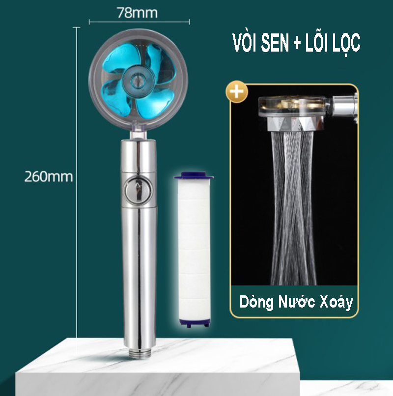 Vòi sen tăng áp cánh quạt xoay 360 độ có nút nhấn stop tiết kiệm nước