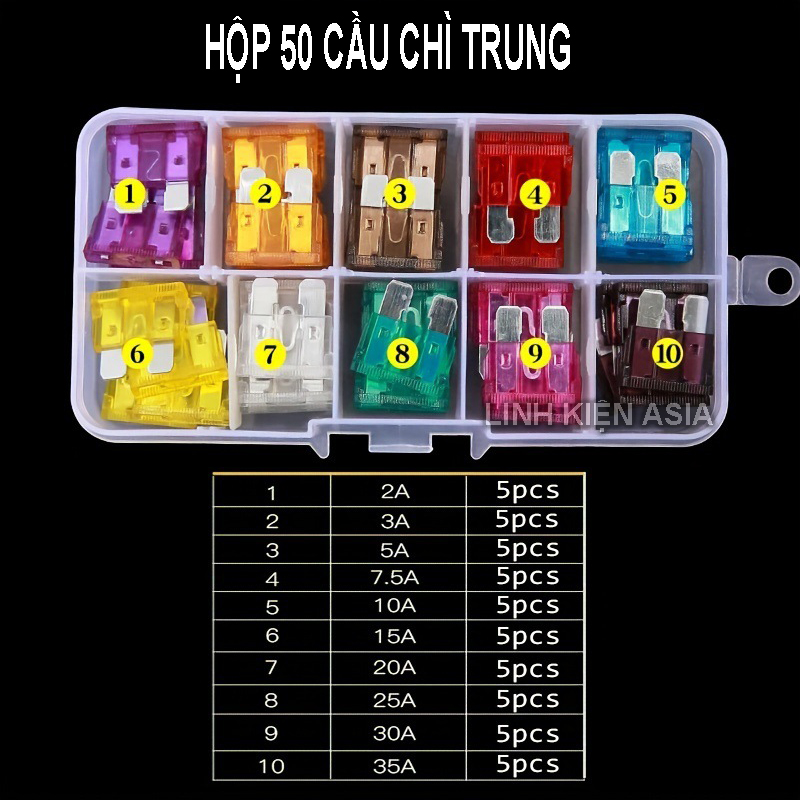 Hộp 50 cầu chì trung (2A, 3A, 5A, 7,5A, 10A, 15A, 20A, 30A, 35A)