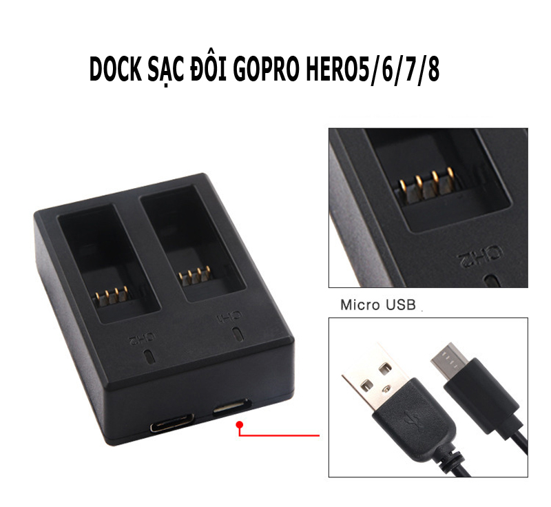 Pin sạc Gopro 5/6/7/8 - dock sạc đôi Gopro tiện lợi