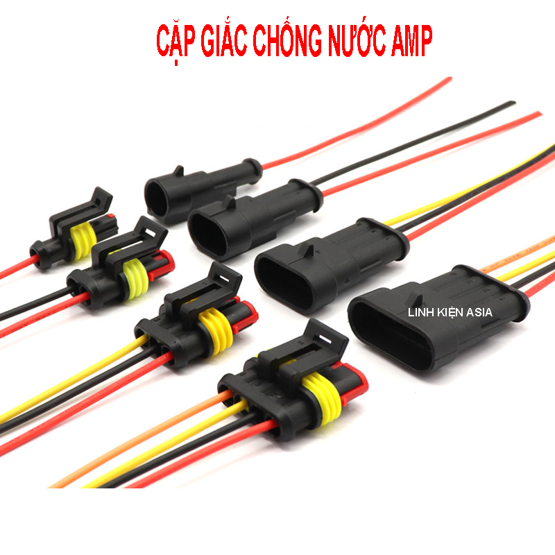 Cặp đầu nối AMP chống nước (đực + cái) dây dài 10cm, giắc nối dây điện ô tô xe máy chuyên dụng