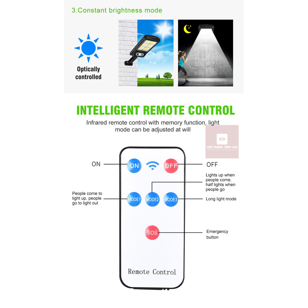 Đèn led năng lượng mặt trời 120COB - 72COB - 3 chế độ sáng - cảm biến chuyển động