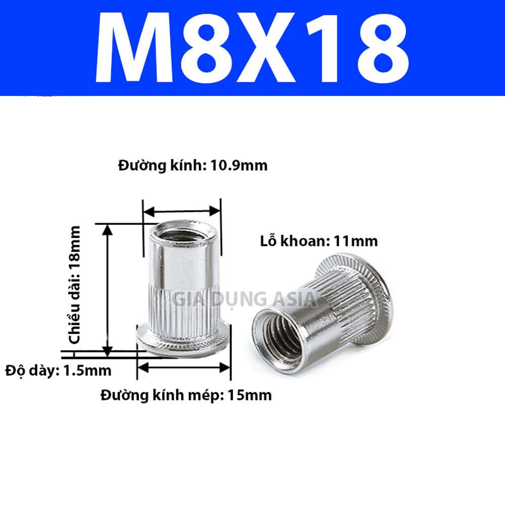 Combo 5-10 tán ecu rút INOX 304 size M3 M4 M5 M6 M8 M10 không gỉ