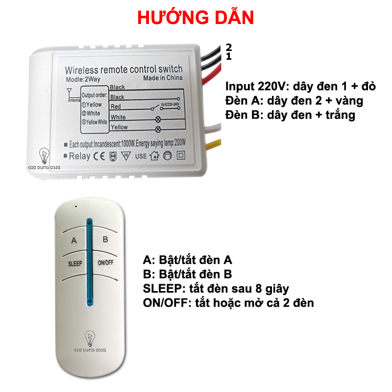Công tắc điều khiển từ xa hai đèn thông minh không dây 220V (20 - 30 mét xuyên tường)